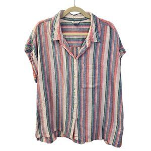 Orivs Striped Linen Blend Cap Sleeve Button Down Shirt Size XL